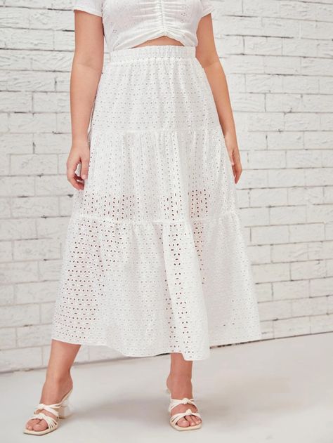 Plus Eyelet Embroidery Ruffle Hem Skirt | SHEIN USA Bohemian Maxi Skirt, Ruffle Hem Skirt, Eyelet Embroidery, Summer Plus Size, Hem Skirt, Plus Size Skirts, Modern Dress, Shein Style, Ruffle Hem