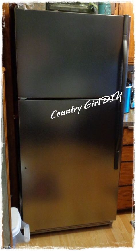 Paint Fridge Black, Rv Fridge Makeover, Timber Benchtop, Diy Concrete Counter, Paint Refrigerator, Cleaning Stainless Steel Appliances, Painted Fridge, Black Stainless Steel Appliances, Travel Themed Room