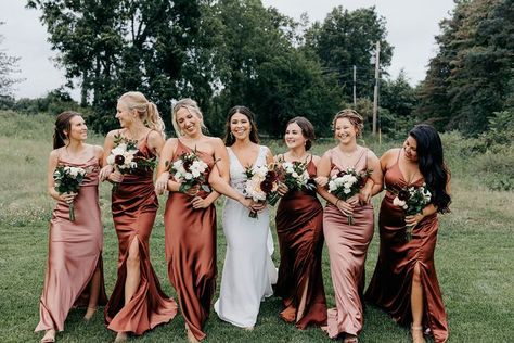 Bridesmaid Dress Fall Colors, 2 Color Bridesmaid Dresses, Fall Mountain Wedding Bridesmaid Dress, Moh Dress Different, Rust And Burgundy Bridesmaid Dresses, Brides Maids Different Colored Dresses, Wedding Brown Bridesmaid Dresses, Fall Silk Bridesmaid Dresses, Same Bridesmaid Dress Different Colors