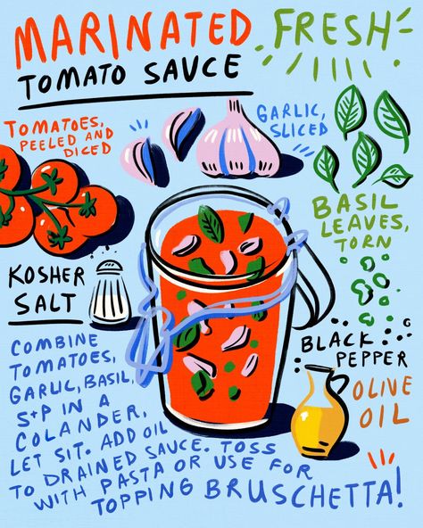 This marinated fresh tomato sauce recipe is fresh, chunky, bright, and simple. Pair with pasta and eat immediately. Here's how to make it! Fresh Tomato Sauce Recipe, Recipe Drawing, Fresh Tomato Sauce, Visual Recipes, San Marzano Tomatoes, Tomato Sauce Recipe, Storyboard Artist, Index Page, Illustration Style