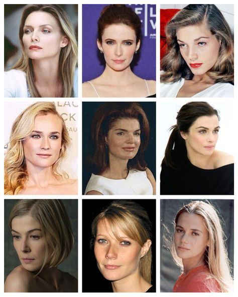 1. Michelle Pfeiffer 2. Bitsie Tulloch 3. Lauren Bacall 4. Diana Kruger 5. Jackie Kennedy 6. Rachel Weisz 7. Rosamund Pike 8. Gwyneth Paltrow 9. Peggy Lipton Dramatic Classic Aesthetic, Dramatic Classic Celebrities, Diana Kruger, Soft Classic Kibbe, Classic Kibbe, Peggy Lipton, Kibbe Style, Kibbe Dramatic, Style Types