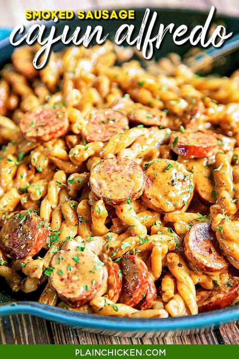 Cajun Kielbasa Pasta, Pasta With Kielbasa, Smoked Sausage Cajun Alfredo, Alfredo Dinner, Sausage And Pasta, Cajun Alfredo, Pasta Cajun, Chicken Lazone, Smoked Sausage Pasta