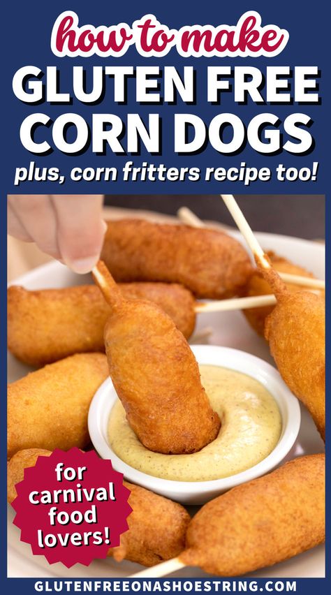 a plate of corn dogs with a yellow dipping sauce Gluten Free Corn Dogs, Gluten Free Freezer Meals, Allergy Free Diet, Corn Fritter Recipes, State Fair Food, Amazing Food Hacks, Carnival Food, Batter Recipe, Fair Food