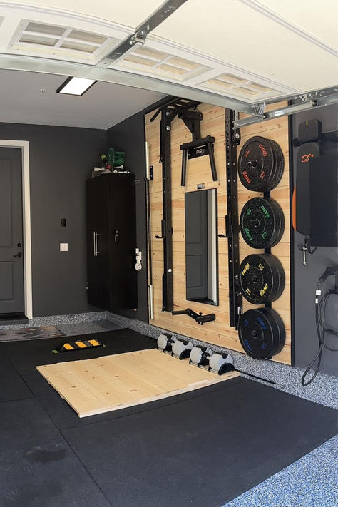 Your may be trying to squeeze a home gym into the corner of an unfinished basement, a spare bedroom or part of a garage. Folding home gym equipment can be a savior in these cases. Click through to read our guide to folding gym equipment for home gyms Garage Gym Folding Rack, Gym Set Up In Garage, Garage Half Gym Half Workshop, 1 Car Garage Gym Ideas, Garage Gym And Playroom, Garage Gym Transformation, Garage Gym With Car, 1 Car Garage Gym, Garage Gym And Storage