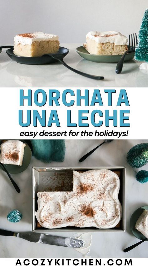 This Horchata Una Leche cake is similar to tres leche cake but a bit different as it only uses one milk - the horchata. But if you love tres leches cake, you are going to want to add this to your Thanksgiving dessert or Christmas dessert menu! #holidaydesserts #latincuisine Horchata Cake Recipe, Christmas Dessert Menu, Easy Holiday Dessert, Horchata Recipe, Leche Cake, Tres Leches Cake Recipe, Cake International, Easy Holiday Desserts, Tres Leches Cake