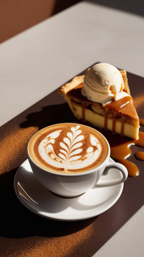 A symphony of flavors with this stunning combination of a latte and a slice of apple pie.     #coffee #latte #latteart #coffeelover #applepie #icecream #dessert #aesthetic Apple Pie Slice, Pumpkin Spice Aesthetic, Apple Pie Coffee, Spice Aesthetic, Pie Aesthetic, Latte Aesthetic, Concrete Clay, Dessert Aesthetic, Pie Slice