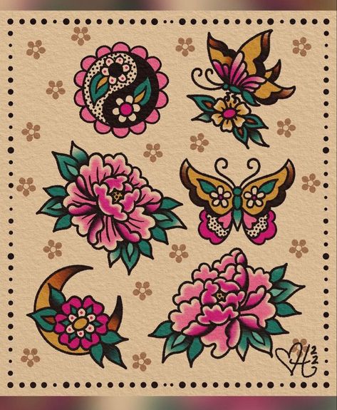 American Traditional Paramore Tattoo, Tiny Traditional Flower Tattoo, Traditional Framed Tattoo, American Traditional For Women, Earthy Traditional Tattoo, Women’s Tattoo American Traditional, Traditional Tattoos Flower Sleeve, Girlie Traditional Tattoos, Traditional Arm Tattoos For Women