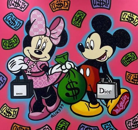 Minnie Mouse Pics, Mickey Mouse Pop Art, Disney Dollars, Disney Themed Rooms, Easy Hand Drawings, Disney Money, Disney Pop Art, Art Spray Paint, Birthday Painting