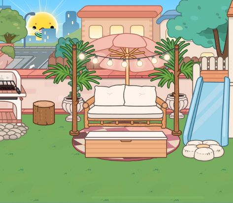 This is the front yard of the fluffy friends house on toca boca. It has the playground to the right of it. And a grill that you can kind of see no the left. I should get a night time picture of this spot, I love it. #tocaboca #tocabocaroomideas #tocabocafrontyardideas #tocabocalife #tocaaesthetic #tocabocaaesthetic Toca Boca Yard Ideas, Toca Boca Big Family House Backyard, Backyard Toca Boca, Toca Life Big Family House Ideas, Fluffy Friends House Toca Boca Ideas, Toca Boca Fluffy Friends House Idea, Toca Boca Fluffy Friends House, Family Home Toca Boca, Toca Boca Backyard Ideas