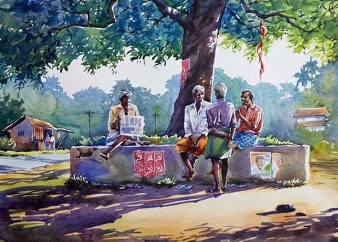 Tamil Village, Watercolor Figures, Watercolor Scenes, Village Scene Drawing, Village Scenery, Watercolor Indian, Village Drawing, Memory Drawing, Watercolour Landscapes