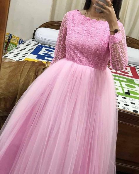 Netted Dresses Indian, Full Hand Frocks For Women, Frock Designs For Women Net, Pink Long Frock Designs, Long Net Frocks For Women Party Wear, Net Long Frock Models For Women, Long Frock Designs For Women Casual, Long Frock Designs Net Cloth, Net Frok Designs For Women Wedding