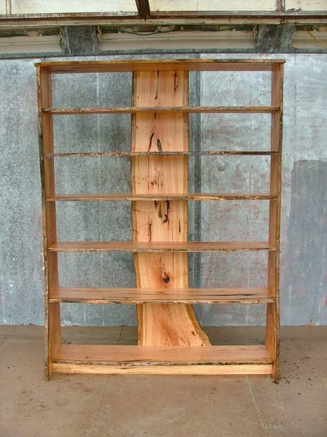 Raw Wood Bookshelf, Live Edge Bookshelves, Live Edge Bookcase, Live Edge Bookshelf, Modern Bookcase Design, Live Edge Wood Furniture, Rock Shower, Contemporary Shelving, Tree Shelf