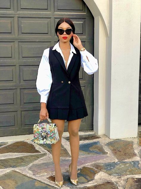 Sleeveless Tuxedo Dress Outfit, Sleeveless Blazer Dress Outfits, Blazer Dress Outfits Classy, Dresses With Blazers, Two Piece Blazer Set, Dress With Outer, Long Vest Outfit, Boss Attire, Outfit Minimalista