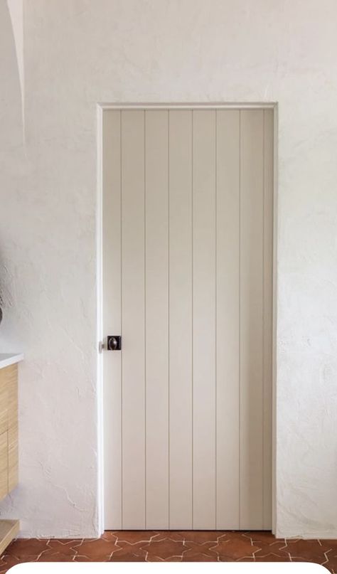 Door Inspiration Interior, Door Styles Interior Modern Farmhouse, Tongue And Groove Door, Limewash Door, Interior Cottage Doors, Trustile Door, White Oak Front Door, Door Without Frame, Cottage Doors Interior