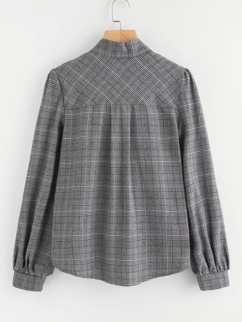 Bow Tie Neck Plaid Blouse -SheIn(Sheinside) Outfits With Grey Cardigan, Grey Bow Tie, Iranian Women Fashion, Fashion Tops Blouse, Trendy Fashion Tops, Grey Blouse, Dress Stores Online, Plaid Blouse, Contrast Collar