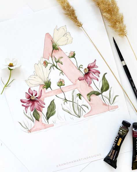 Watercolor illustration | floral illustration | floral design | floral watercolor Watercolour Monogram, Illuminated Initials, Floral Calligraphy, Name Paintings, Initial Art, Art Letters, Water Coloring, Watercolor Monogram, Watercolour Flowers