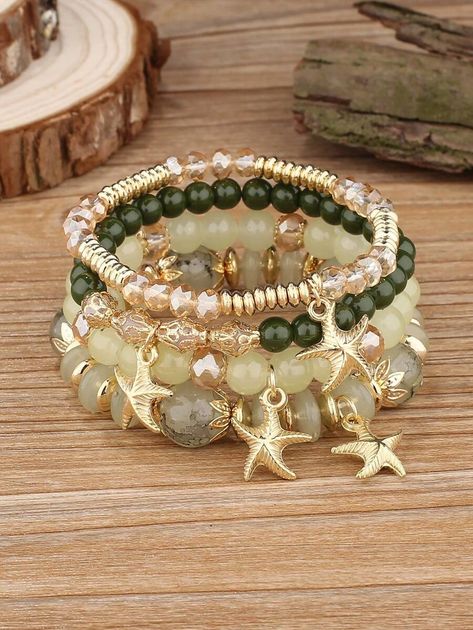 4pcs Bohemian Style Glass Crystal Bead & Starfish Pendant Bracelet For Women, Perfect For Beach Vacation | SHEIN USA Beaded Starfish, Sea Turtle Bracelet, Malachite Green, Bohemian Style Jewelry, Turtle Bracelet, Bracelet Sets, Starfish Pendant, Beach Bracelets, Beach Stuff