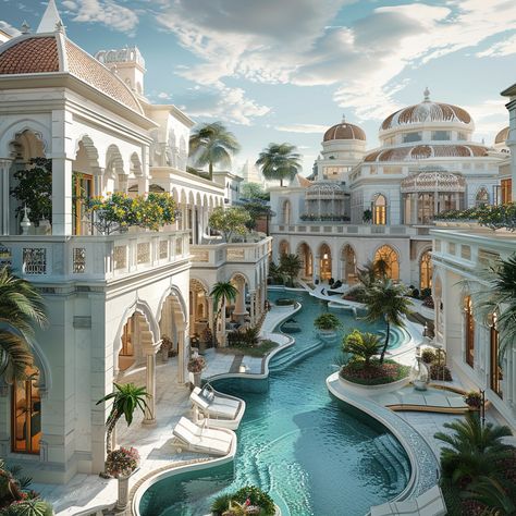 A white palace and its surrounding elite villas, a pristine and glamorous look that shines, sunny, polished walls and quartz adorned marble rooftops, medieval them Mediterranean Palace, Comic Landscape, Italian Resort, Anime Architecture, Beach Palace, Mediterranean Ocean, Mansion Aesthetic, White Palace, Exotic Homes