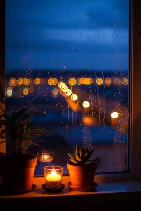 A cozy window scene on a rainy night, featuring a candle and plants on the windowsill, with raindrops on the glass and city lights softly blurred in the background. Window Light Photography, Books Outside, Night Window, Through A Window, Blurred Lights, Rainy Night, Window Light, Soft Focus, Small Table