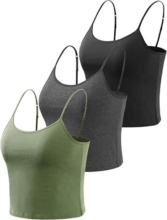 AMVELOP Cropped Camisole for Women Built in Bra Cotton Shelf Bra Crop Cami Adjustable Spaghetti Strap Tank Top 3 Pack Spaghetti Tops, Shoulder Strain, Bra Design, True Freedom, Cami Bra, Cotton Camisole, Camisole Bra, Cropped Camisole, Strap Tank Top