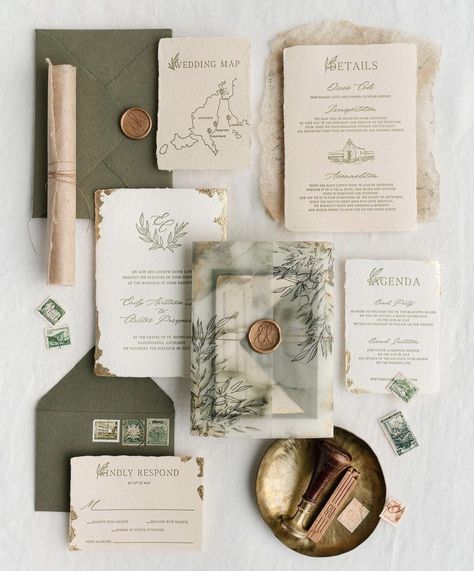 Wax Seal With Greenery, Vintage Greenery Wedding, Moody Wedding Invitation Suite, Wedding Invites Greenery, French Style Wedding Invitations, Wedding Invite Vintage, Custom Wedding Invites, Greece Wedding Invitations, Wedding Invitation Vintage