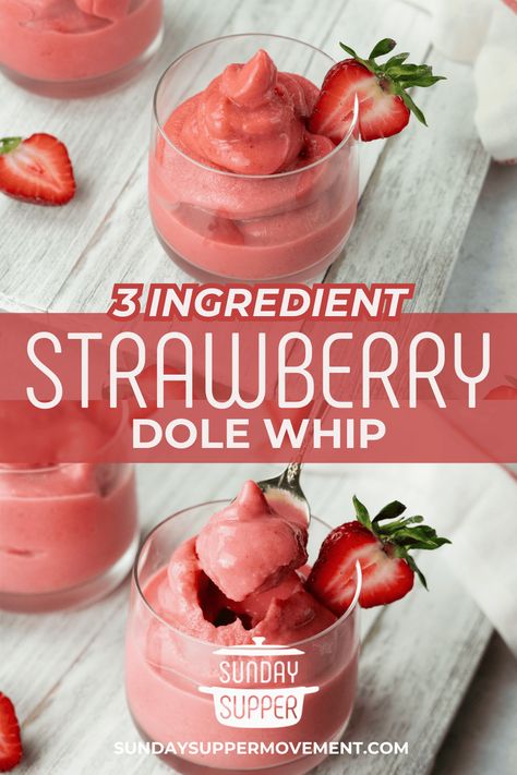 Fresh and flavorful Strawberry Dole Whip is just minutes away using only 3 simple ingredients! You are sure to love the flavor of this easy strawberry whip. via @thesundaysupper 3 Ingredient Dole Whip Recipe, Cool Whip Fruit Desserts, Reddi Whip Recipes, Smoothies In Food Processor, Easy Snack Recipes For Work, Cherry Dole Whip, Homemade Summer Treats, Sweet Summer Desserts, Easy Dole Whip Recipe