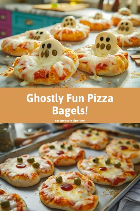 Ghost pizza bagels with melted cheese and olive eyes on a baking tray, perfect for a spooky and fun snack. Bagel Pizza Recipe, Ghost Pizza, Fun Halloween Snacks, Whole Wheat Bagel, Bagels Recipe, Easy Shrimp Scampi, Easy Zucchini Recipes, Halloween Snack, Pot Recipes Healthy