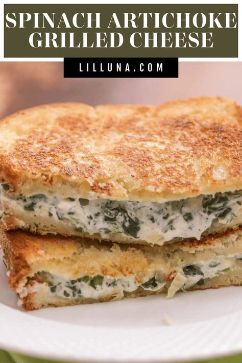 Turn one of your favorite appetizers into lunch or dinner with these Spinach Artichoke Grilled Cheese Sandwiches!! #spinachartichokegrilledcheese #grilledcheese #spinachartichoke #fancygrilledcheese #sandwiches Artichoke Grilled Cheese, Artichoke Grilled, Asian Steak Bites, Fancy Grilled Cheese, Creamy Pasta Bake, Grilled Artichoke, Lil Luna, Healthy Baked Chicken, Grilled Cheese Sandwiches