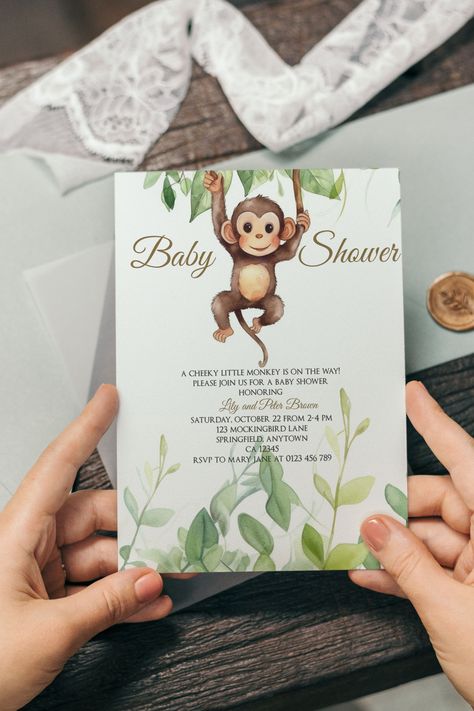 Editable Monkey Baby Shower Invitation Monkey Baby Shower party Invitation boy Invite Jungle Monkey Invite digital PRINTABLE SIZE INCLUDED: • 5x7 DEMO THIS TEMPLATE HERE: https://www.corjl.com/d/C51LK Monkey Themed Baby Shower Ideas, Monkey Baby Shower Ideas, Monkey Baby Shower Boy, Baby Shower Monkey, Baby Shower Monkey Theme, Monkey Invitations, Baby Party Invitations, Jungle Monkey, Baby Shower Party Invitations