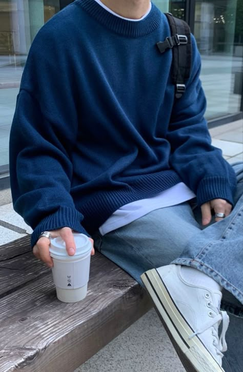 Drip Clothes, Fashion Outfits Streetwear, High End Streetwear, Clothes Fashion Outfits, Blue Sweater Outfit, Soft Boy Outfits, Korean Street Fashion Men, Sweater Outfits Men, Women Right