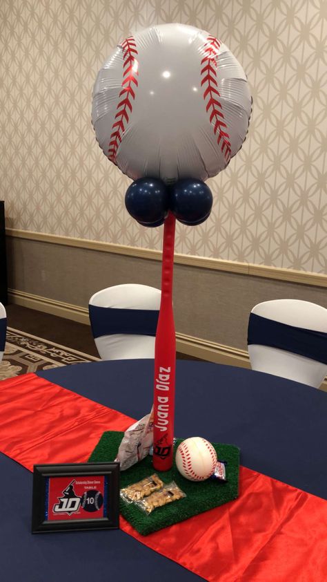 Baseball Birthday Centerpiece Ideas, Baseball Balloon Centerpieces, Baseball Themed First Birthday Centerpieces, Baseball Centerpiece Ideas, Baseball Centerpieces Table Decorations, Baseball Banquet Balloons, Kids Table Birthday Party Baseball, Baseball Balloons, Baseball Party Centerpieces Walmart