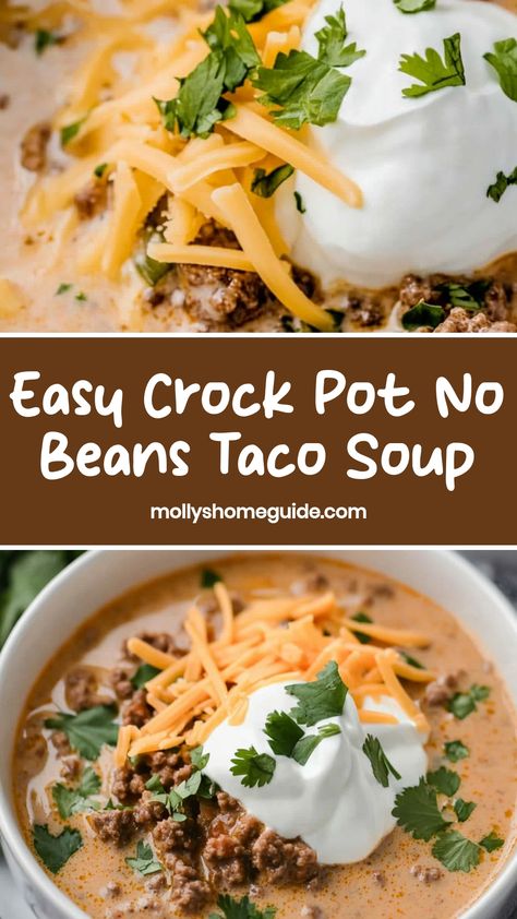 Looking for a delicious and easy recipe? Try this flavorful crock pot taco soup! This hearty dish is packed with savory flavors and perfect for a cozy day at home. With no beans, it's a great option for those who prefer bean-free soups. Simply toss the ingredients in your slow cooker and let it do all the work. This crock pot no beans taco soup is sure to become a family favorite in no time! Lite Soup Recipes, Taco Soup No Beans Crock Pot, Taco Soup Recipe No Beans, Taco Soup Stove Top Easy, Taco Dump Soup, Taco Soup Without Beans, Freezer Taco Soup, Taco Soup Recipe Easy Stove Top, Creamy Taco Soup Crock Pot