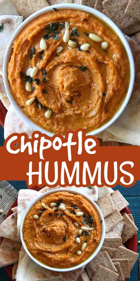 This Chipotle Spicy Hummus Recipe has just enough pizazz to add a little kick to your dip. Chipotle peppers in adobo sauce are added to make an extremely easy and delicious appetizer dip. #chipotlehummus #chipotlehummusrecipe #spicychipotlehummus #homemadechipotlehummus #howtomakechipotlehummus Chipotle Hummus Recipe, Spicy Hummus Recipe, Chipotle Hummus, Chipotle Peppers In Adobo Sauce, Spicy Hummus, Homemade Chipotle, Hummus Recipe Homemade, Hummus Recipes, Fresh Snacks