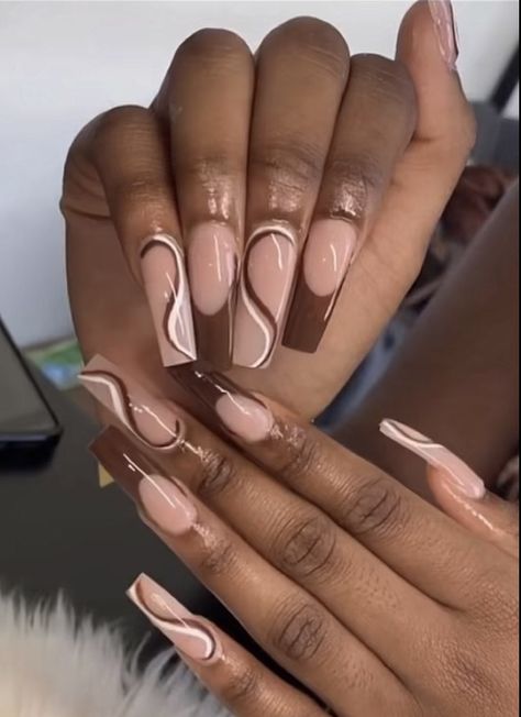 Brown Nail Coffin, Brown And Black Nail Designs, Nails For Black Girls Acrylic, Brown Nails On Black Women, Brown Coffin Nails, Brown Acrylic Nails, Nail Designs Ideas, Acrylic Toe Nails, Brown Acrylic