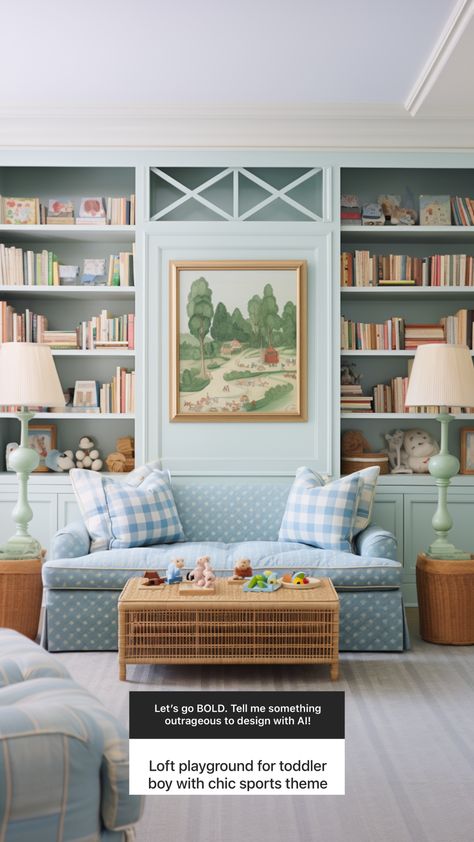 Loft Playground for Toddler Boy Sports Theme Basement Bookshelves, Modern Traditional Bedroom, Blue Porch, Modern Traditional Home, Haint Blue, Traditional Home Decor, Chinoiserie Decorating, Home Decor Style, Up House