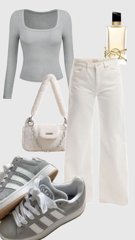 Outfit / fashion / trending / trend / adidas campus / grey / grey long sleeve shirt / white jeans / pants / white bag / perfume / aesthetic / spring / summer / fall / autumn / inspo / ideas / aesthetic Adidas Campus Grey, Adidas Campus Outfit, Perfume Aesthetic, Campus Outfit, Aesthetic Spring, Grey Long Sleeve Shirt, Adidas Campus, Pants White, Modern Dress