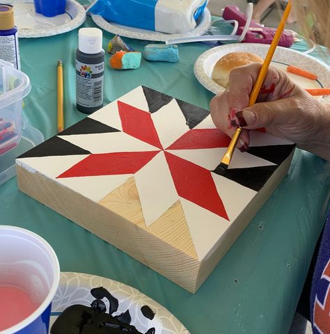 Every once in a while, I get together with my mom and sisters to have a Craft Day.  We got together recently and decided to all paint quilt blocks. The other name for these is Barn Quilts. Painting Quilt Blocks On Wood, Wood Quilt Block, Painted Barn Quilts, Tumbling Blocks, Block Painting, Diy Blocks, Acrylic Craft Paint, Quilt Block Pattern, Craft Day