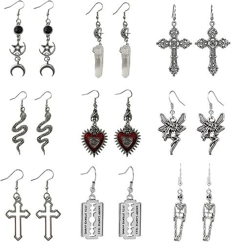 Diverse Designs: 9 pairs with different designs gothic earrings, matched with evil eye bat red heart earrings, cross earrings, crystal moon star earrings, skull skeleton earrings, snake earrings,angel earrings, razor blade earrings, which integrates your own wearing style and decorates your daily life and work. Grunge Earrings, Y2k Earrings, Fairycore Coquette, Grunge Jewelry, Skeleton Earrings, Red Heart Earrings, Silver Chain Earrings, Queen Jewelry, Angel Earrings