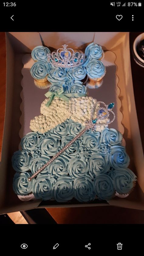 Cinderella birthday cake with cupcakes Bibbidi Bobbidi Two Birthday Cake, Bibbidy Bobbity Two, Cinderella Birthday Cupcakes, Bibbity Bobbity Two Birthday, Cinderella Cupcake Cake, Bippity Boppity Two, Bippity Boppity Two Party, Bibbidi Bobbidi Two Birthday, Birthday Cake With Cupcakes