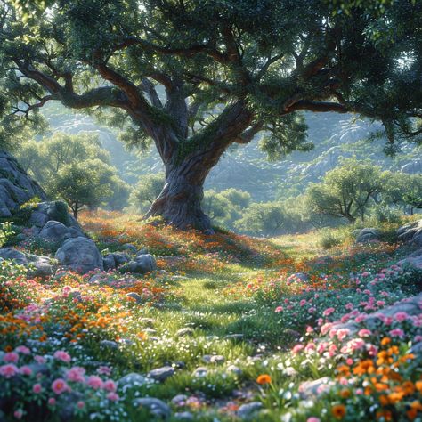 The majestic tree rises among an ocean of blooms under the gentle morning sun, a symbol of life's renewal. #naturebeauty, #treeoflife, #morningdew, #flowermeadow, #peacefulnature, #artofnature, #wildflowers, #dawnlight, #naturalwonder Majestic Tree, Morning Dew, Life Symbol, Secret Places, Morning Sun, A Symbol, Medieval Fantasy, Natural Wonders, Nature Beauty