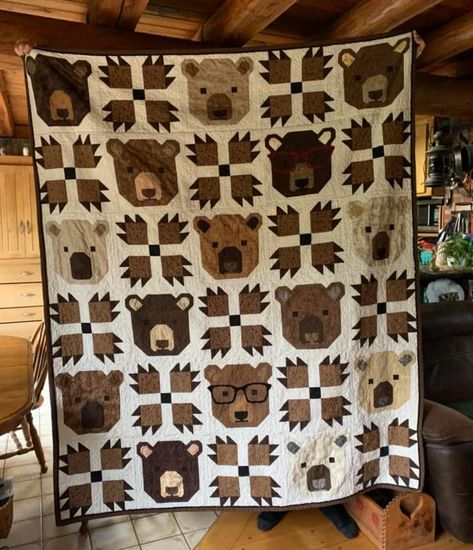 Fun Quilt Patterns, Bear Quilt Block, Bigfoot Quilt, Raccoon Quilt, Panel Quilts Ideas Layout, Quilts For Men, Bear Quilt Pattern, Quilts For Beginners, Hunting Quilt