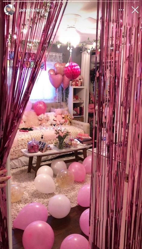 Easy Pink Birthday Decorations, Party Food List Ideas, Pink Party Table Setting, Pink Sweet 16 Aesthetic, Pink Elegant Birthday Party, Pink Birthday Activities, Everything Pink Birthday Party, Valentines 21st Birthday, Valentines Decor Party