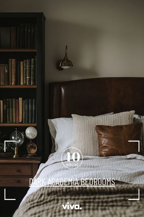 ♥ Are you dreaming of a cozy and mysterious Dark Academia Bedroom? Dive into the allure of this luxurious space, featuring dark bedroom walls, elegant dark wood furniture, and a rich texture interior. Create your own Modern Classic Bedroom with a touch of sophistication and warmth. 📚🖤 #darkbedroomideas #darkbedroom #darkbedroomaesthetic #romanticdarkbedroom #modernclassicbedroom #darkacademiainterior #luxuryhomelibrary #velvetbedroom #midcenturymodernbedroom #darkwoodbookcasedecor #sophisticatedbedroomdecor #warm Light Acadamia Rooms, Masculine Vintage Bedroom, Dark Academia Home Aesthetic, Moody Neutral Bedroom, Cozy Minimal Bedroom, Sophisticated Bedroom Decor, Luxury Home Library, Dark Bedroom Walls, Modern Classic Bedroom