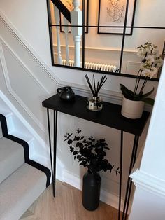 1.Home Decor: #homedecor, #interiordesign, #homedesign, #decor inspiration Hallway With Console Table, Narrow Living Room Inspiration, Small Hallway Table Decor, Small Narrow Hallway Decorating, Narrow Lounge Ideas, Narrow Hallway Decorating Entrance, Small Black Console Table, Hall Wall Decor Ideas, Narrow Entrance Hall Ideas