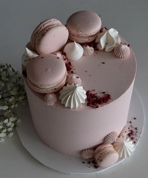 Pink Macaroon Cake, Blush Pink Cake, Cake Macarons, Girly Birthday Cakes, 14th Birthday Cakes, Macaron Cake, Elegant Birthday Cakes, Simple Cake Designs, Cherry Cake