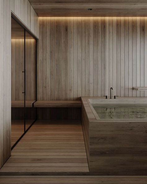 Cold plunge, Sauna Area. All in Wood Render and design: @dorraayadi California, USA 2023 Client : private This project was approved… | Instagram Basement Wellness Room, Steam Rooms In House, Home Wellness Spa, Bathroom With Sauna, Wellness Bathroom, Sauna Bathroom Design, Basement Sauna, Sauna Shower, Wood Spa