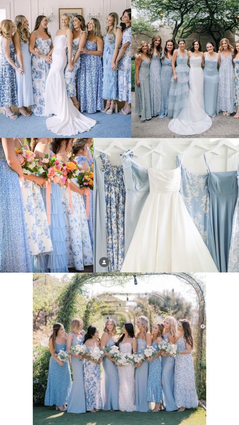 Blue garden party bridesmaid Blue Garden Party, Mismatched Bridesmaid Dresses Blue, Wedding Color Schemes Blue, Bridesmaids Spring, Baby Blue Weddings, Magenta Wedding, Blue White Weddings, Floral Bridesmaid Dresses, Light Blue Wedding