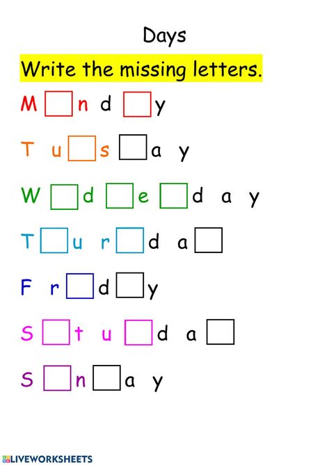 Days online worksheet for Pre-entry literacy. You can do the exercises online or download the worksheet as pdf. Missing Letters, English Grammar For Kids, English Worksheets For Kindergarten, Grammar For Kids, Kindergarten Reading Worksheets, English Activities For Kids, Learning English For Kids, English Phonics, English Worksheets For Kids