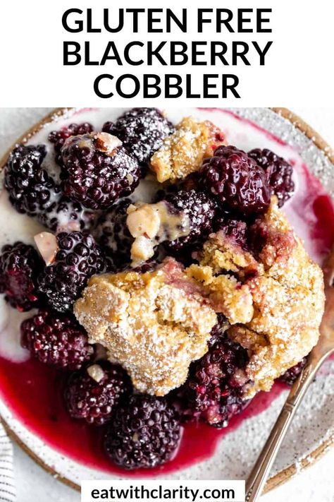 This gluten free blackberry cobbler is easy to make, vegan friendly and dairy free friendly. This blackberry dessert is delicious topped with vanilla ice cream or whipped cream and is the perfect easy summer dessert for a barbecue or the 4th of july. The best gluten free crisp recipe! Gluten Free Cobbler Recipe, Gluten Free Blackberry Cobbler, Gluten Free Blueberry Crisp, Blackberry Dessert Recipes, Gluten Free Cobbler, Ice Cream Dairy Free, Blackberry Filling, Easy Blackberry Cobbler, Gluten Free Crisps