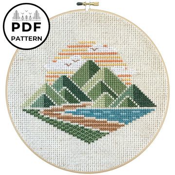 Hiking Cross Stitch Patterns, Outdoor Cross Stitch, Lake Cross Stitch, Minimalist Cross Stitch, Nature Cross Stitch Patterns, Cross Stitch Mountains, Mountain Cross Stitch Pattern, Mountain Cross Stitch, Pigeon Coop